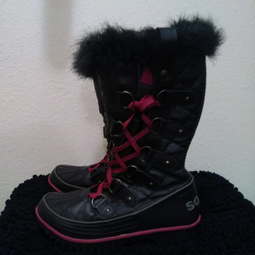 Sorel Black Winter Faux Fur Side Twist Lace-up Boots Size 7 - Picture 2 of 12